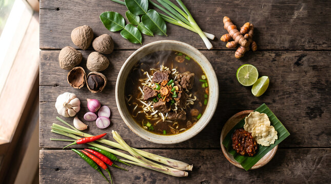 Overhead rawon composition surrounded by keluak, spices and fresh ingredients, highlighting the traditional ingredients behind Indonesian black beef soup.