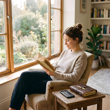 Young woman sitting in armchair reading book near large window with garden view