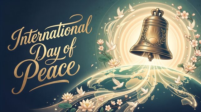 International Day of Peace Celebration Banner with Golden Peace Bell, Flying Doves, and World Globe in Elegant Vintage Style