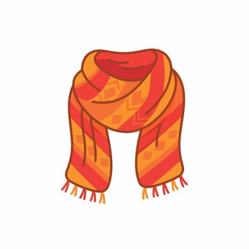 Vibrant autumn wool scarf vector illustration featuring cozy geometric patterns, warm orange and red tones, playful fringe details, and cheerful winter fashion design.