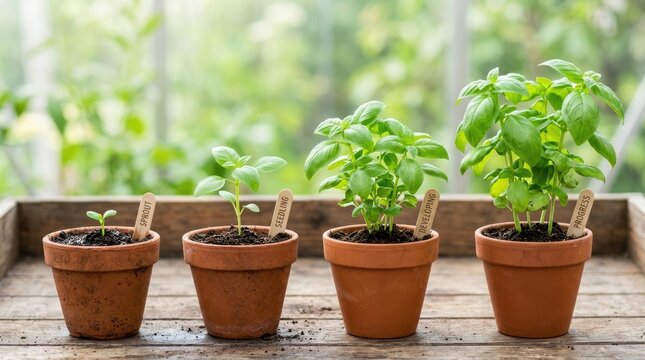 Four young basil seedlings grow in terracotta pots on a wooden shelf. The plants are labeled with small tags indicating their names: 'Seedling', 'Progress', 'Serenity', and 'Growth'.