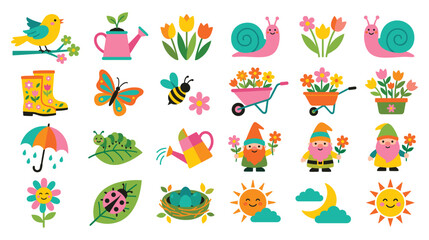 Fototapeta premium Spring garden scene with cute gnomes, butterflies, and flowers for cheerful design.
