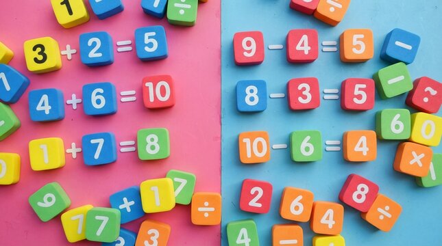 Colorful foam number cubes arranged into simple mathematical addition and subtraction equations on dual pink and light blue backgrounds captured from a high angle top view