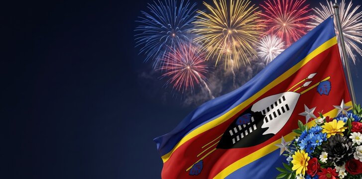 Waving flag of eswatini against a dark night sky with colorful bursting fireworks and a festive floral bouquet in the corner, celebrating national independence day