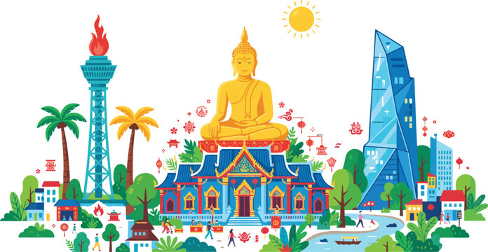 Taiwan Kaohsiung travel landmark skyline flat vector illustration featuring Fo Guang Shan Buddha Lotus Tower and modern architecture