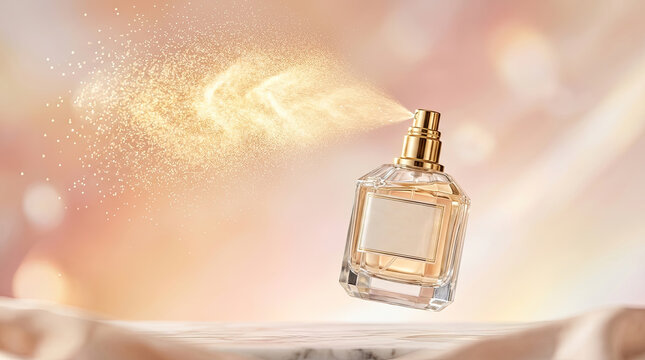 A square perfume bottle sprays a golden mist into the air. The bottle has a clear glass body and a gold cap.