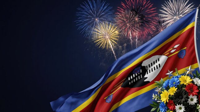 Waving flag of eswatini with a central shield emblem, set against a dark night sky illuminated by colorful exploding fireworks and a bouquet of vibrant flowers in the foreground