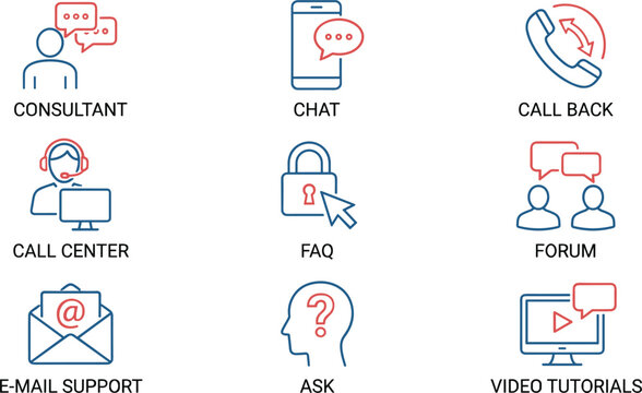 Customer service and technical user support linear icon set featuring helpdesk consultant call center chat forum and video tutorials