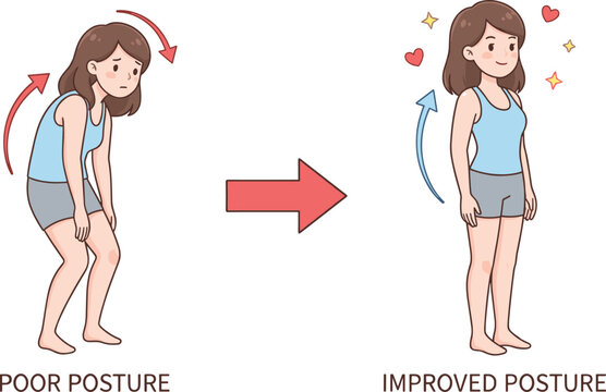Ergonomics concept vector illustration with a cute girl demonstrating bad slouched poor posture and healthy straight improved posture transformation