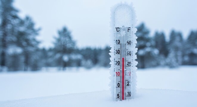 A thermometer stands in a snowy landscape. The thermometer displays a very low temperature, likely below freezing.