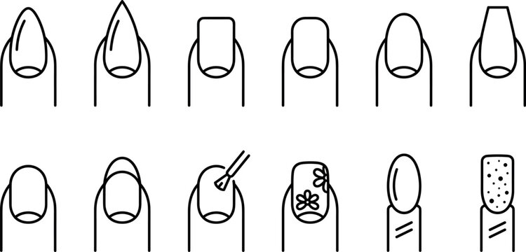 Nail shapes and manicure types linear icon set with stiletto almond square coffin french art designs