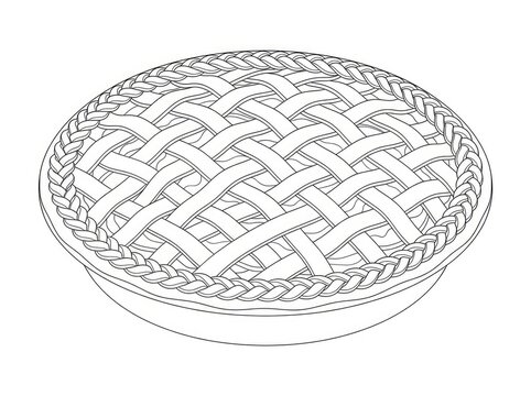 A detailed, black and white line drawing depicts a pie with a woven crust. The pie is circular and sits on a flat surface.