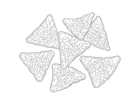 A collection of triangular nachos are arranged on a white background. The chips have a textured surface and are outlined in black.