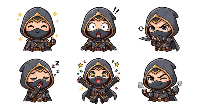 Cute chibi ninja character stickers set with various expressions