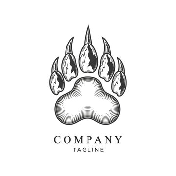Paw print illustration with distinct claws and a textured pad is presented as a potential logo design for a company, featuring placeholder text below it.