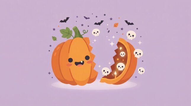 Flat Vector Illustration Soft Lilac Background Pumpkin Character Split Cute Smiling Face Skull

