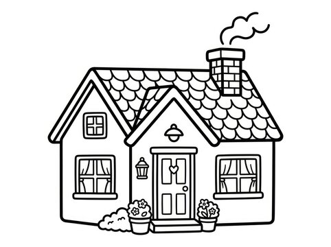 A simple, black and white line drawing depicts a charming cottage. The house features a steeply pitched roof with a prominent chimney, multiple windows, and a front door.