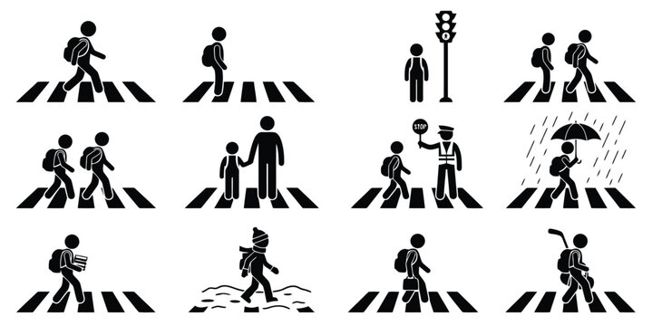 Collection of black silhouettes showing children walking on crosswalks, carrying backpacks, and following traffic safety rules on white background
