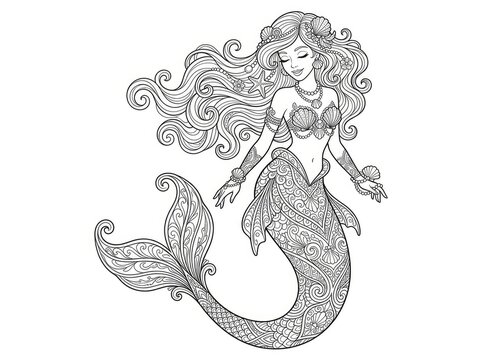 A beautiful mermaid sits gracefully in the water. She has long, flowing hair adorned with seashells and pearls.