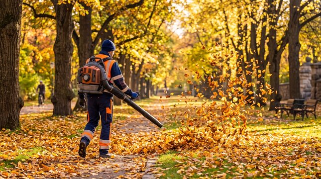 Municipal worker in uniform operating a backpack leaf blower to clear golden autumn leaves from a park pathway lined with colorful trees.