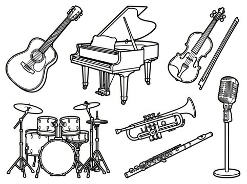 Several musical instruments are arranged on a white background. A grand piano, an acoustic guitar, a violin, a microphone, a drum set, a trumpet, a trombone, and a flute are depicted.