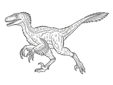 A detailed black and white line drawing depicts a Velociraptor in a dynamic running pose. The dinosaur has feathered arms and legs, sharp claws, and a menacing expression.