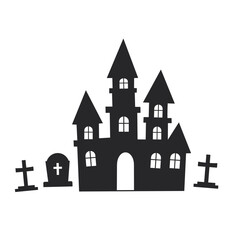 Fototapeta premium ハロウィン素材 ハロウィンの屋敷と墓地 ベクターモノクロイラスト