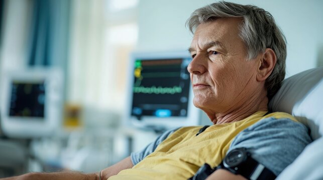 An older man sits in a hospital bed, looking thoughtfully into the distance. He wears a yellow t-shirt and a watch.