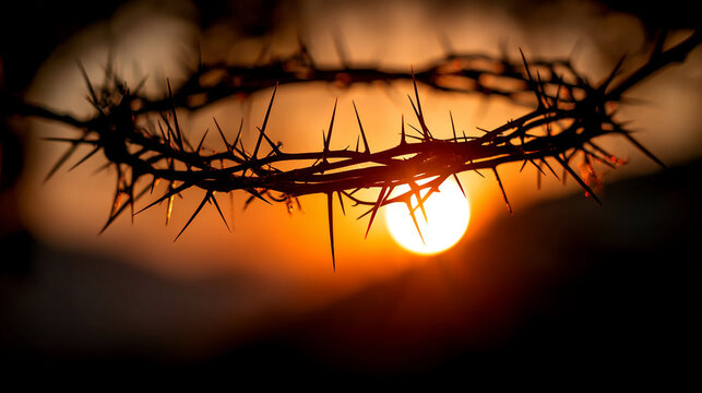 Crown of thorns silhouette against a warm sunset sky symbolizing christian faith and suffering
