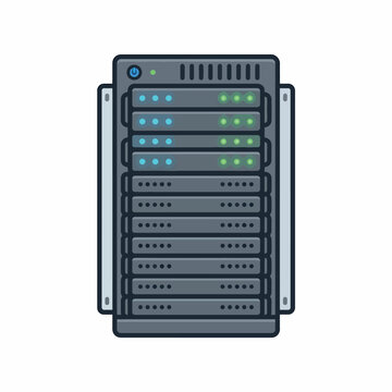 Modern rack server flat vector illustration with glowing blue green LED status indicator lights, dark gray metallic finish, perfect for IT and web hosting concepts.