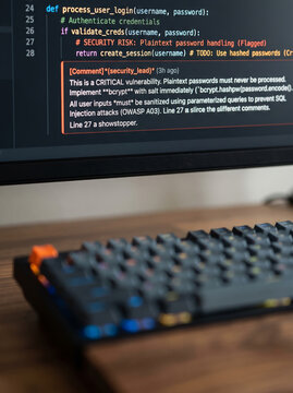 Close up computer monitor displaying lines of code programming language on screen with keyboard
