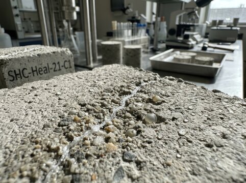 Closeup of Concrete Material with Aggregate and Laboratory Equipment in Background.