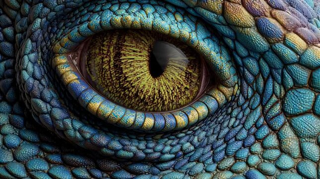 Futuristic Reptile Eye Closeup with Detailed Scales and Golden Iris