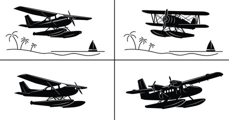 Seaplane collection featuring monoplane and biplane floatplanes flying over a tropical beach resort landscape © Bappi