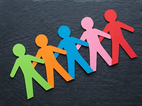 Colorful paper people holding hands on a dark background