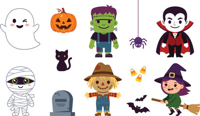 Obraz premium Cute Halloween Character Collection with Ghost, Frankenstein, Dracula, Witch, Mummy, Scarecrow, Black Cat, Pumpkin, Bats, and Spooky Decorations
