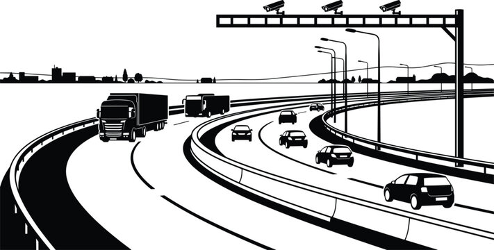 Highway traffic scene vector with cars semi trucks toll gantry cameras and street lights background