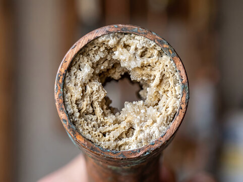 Severe hard water limescale and mineral deposits blocking old plumbing pipe
