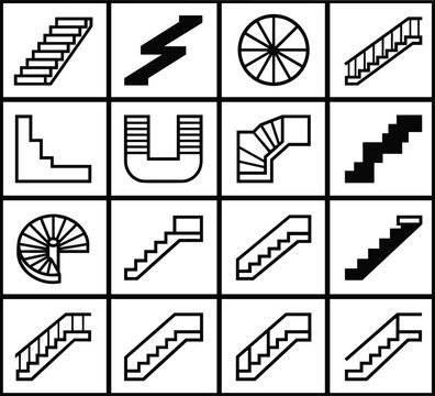 Staircase architecture blueprint symbols icon set displaying spiral straight u-shape and escalator top view layout diagrams