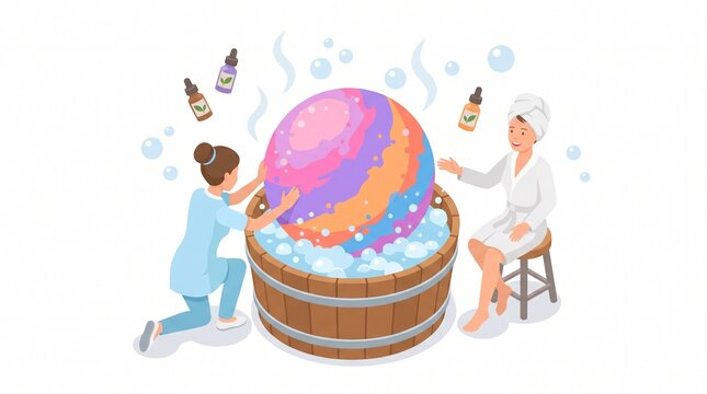 Isometric illustration of a spa worker and client interacting with a giant bath bomb