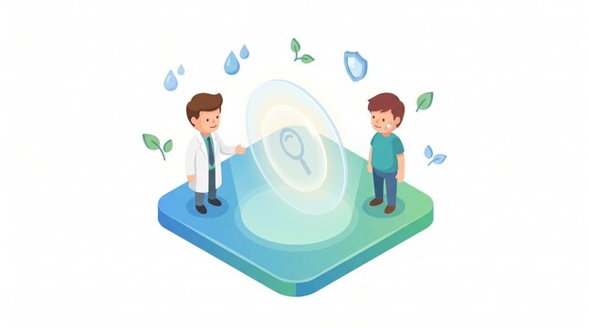 Isometric illustration of a doctor and patient standing next to a giant hydrocolloid pimple patch