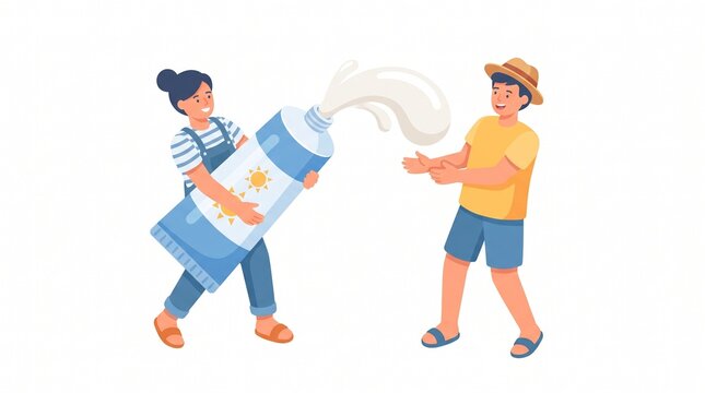 Isometric illustration of two friends squeezing a giant sunscreen lotion tube