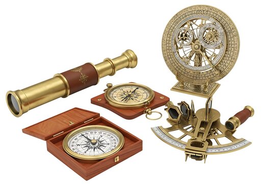 3D vintage navigation tools set with compass telescope and sextant