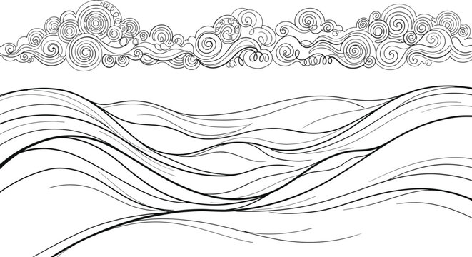 Traditional Japanese style ocean wave line art illustration featuring decorative curly clouds over rolling water ripples