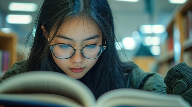 A young woman with dark hair and glasses intently reads a book in a library. She is wearing a green jacket and her face is illuminated by the light from the open book.