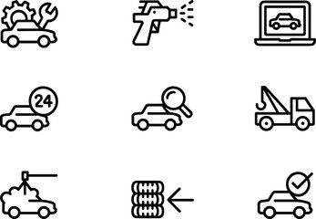 Fototapeta premium Car Repair and Auto Maintenance Line Icon Set with Service Icons for Mechanics, Towing, Diagnostics, and Automotive Website UI Designs