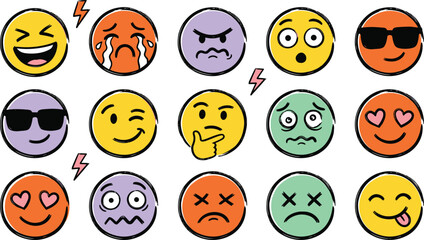 Naklejka premium Funny Emoji Face Collection with Colorful Expressive Emotions, Smiling, Winking, Crying, Surprised, Angry, Cool, and Love Characters