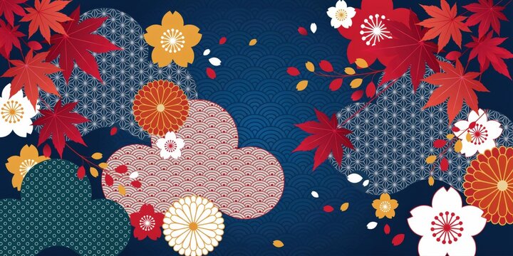 Japanese traditional pattern background with maple leaves and flowers