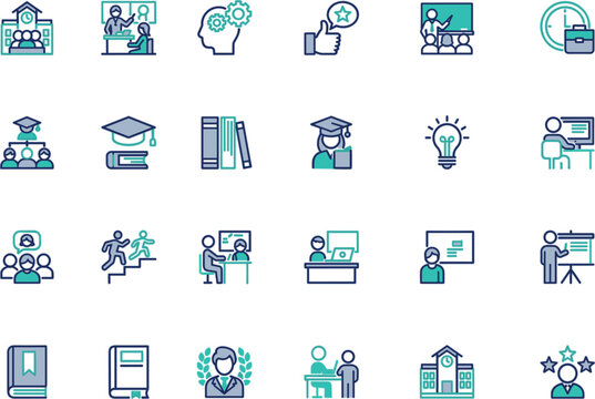 Collection of flat teal line icons depicting education learning and development concepts on a white background academic advising adult education assessment attendance boarding school