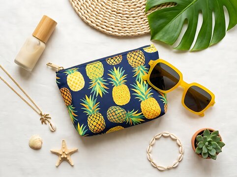 Pineapple print pouch with yellow sunglasses and beach items